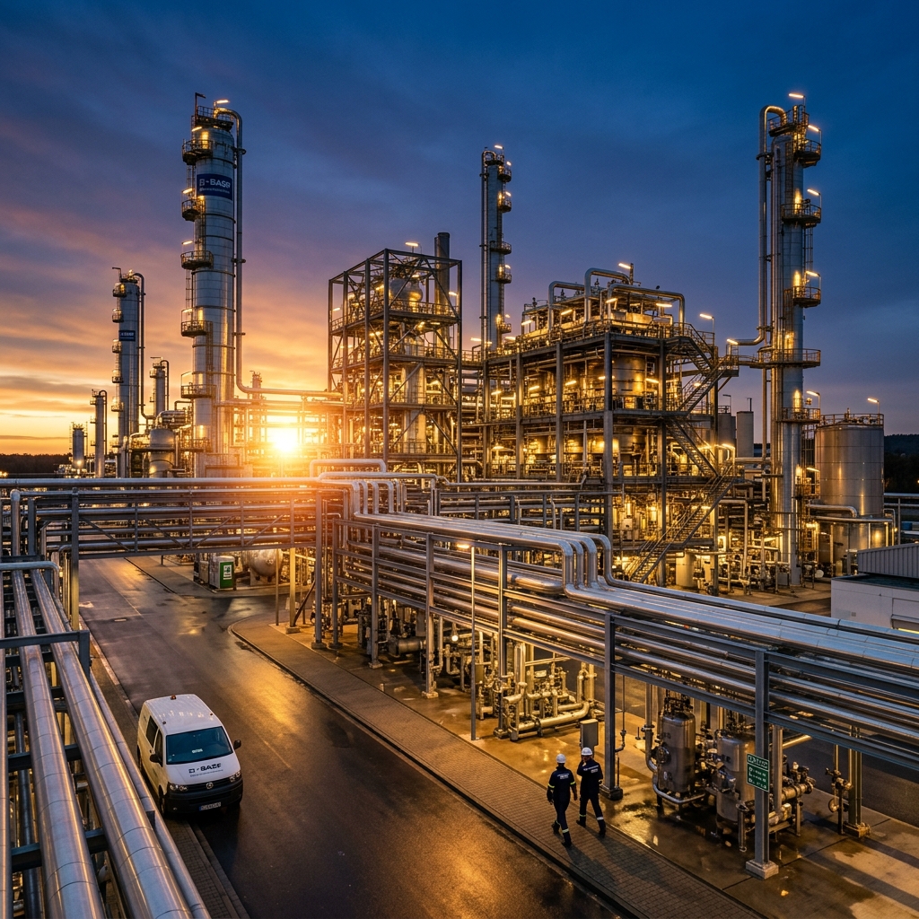 Hochmoderne Chemieanlage in der Abenddämmerung